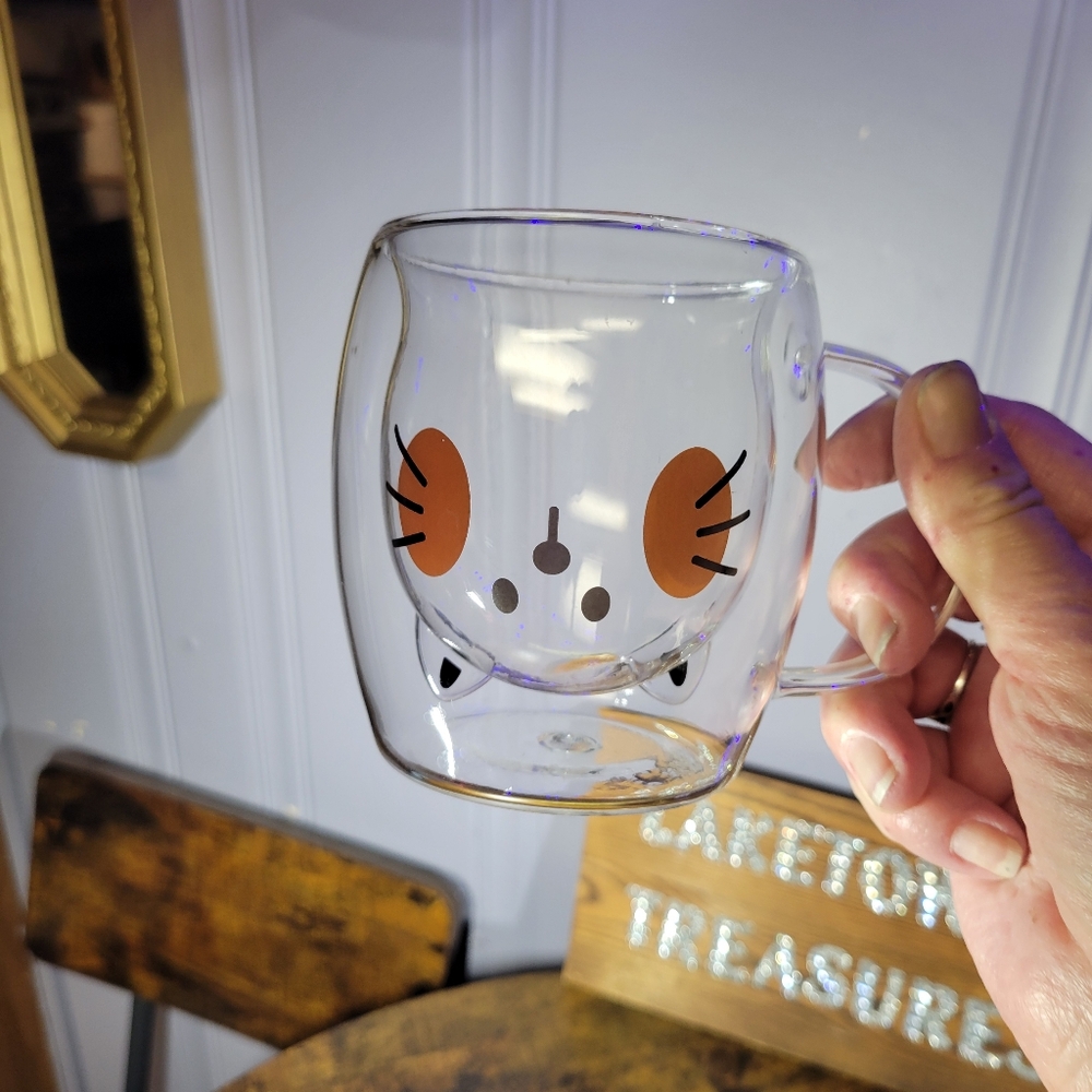 Clear Glass Cat Face Mug with Orange Cheeks